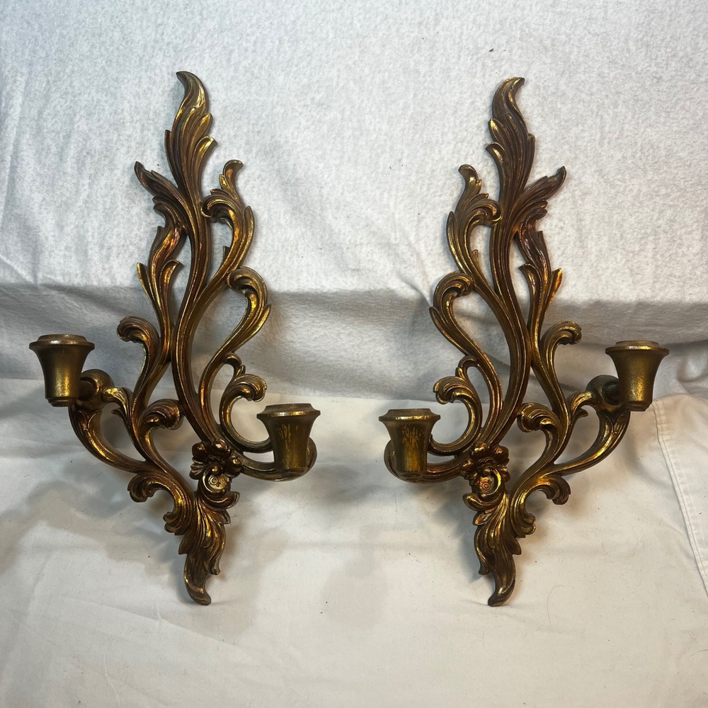 Vintage Syroco Gold Wall Sconces Hollywood Regency Scroll Candle Holders Pair